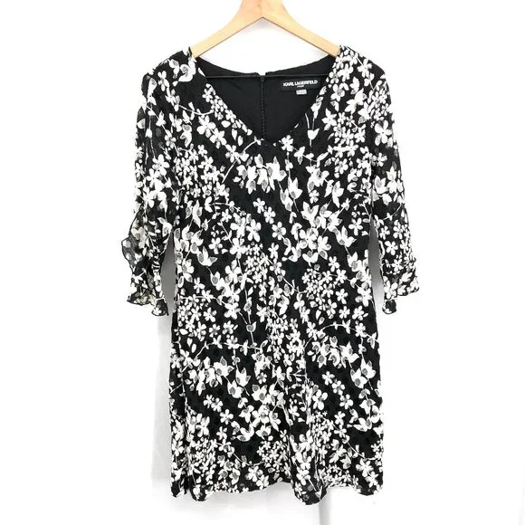 Karl Lagerfeld | Dresses | Karl Lagerfeld Lace 34 Sleeve Aline Party  Cocktail Dress Black White P 10 | Poshmark